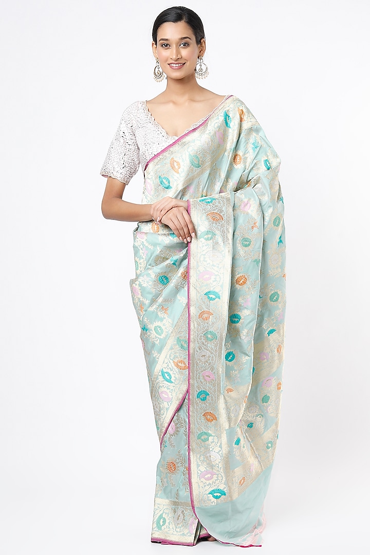 Mint Blue Handwoven Saree With Zari Jaal Work by NEITRI