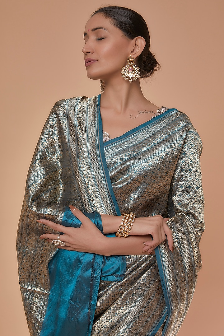 Dark Cyan Katan Silk Embroidered Wedding Saree by NEITRI at Pernia's Pop Up Shop