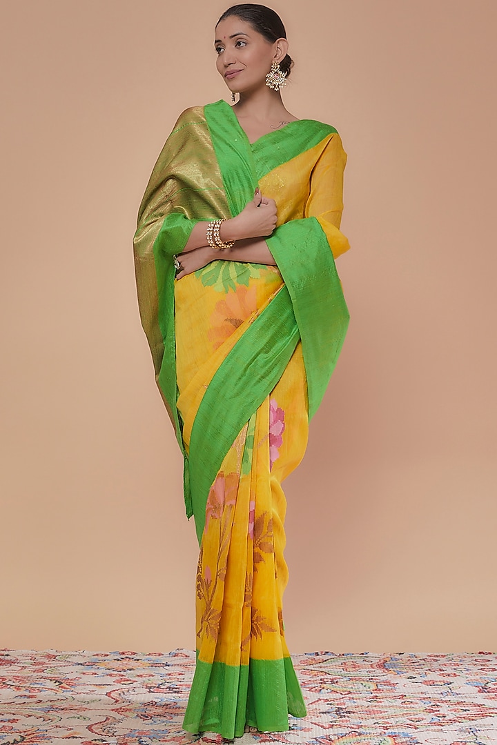 Mango Yellow Linen Saree by NEITRI