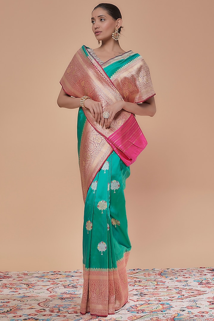 Turquoise Blue Silk Embroidered Saree by NEITRI