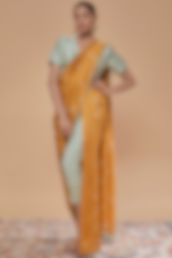 Mustard Chinia Silk Draped Pant Saree Set by NEITRI