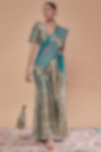 Teal Blue Brocade and Organza Thread Work Bell Bottom Pant Wedding Saree Set by NEITRI at Pernia's Pop Up Shop