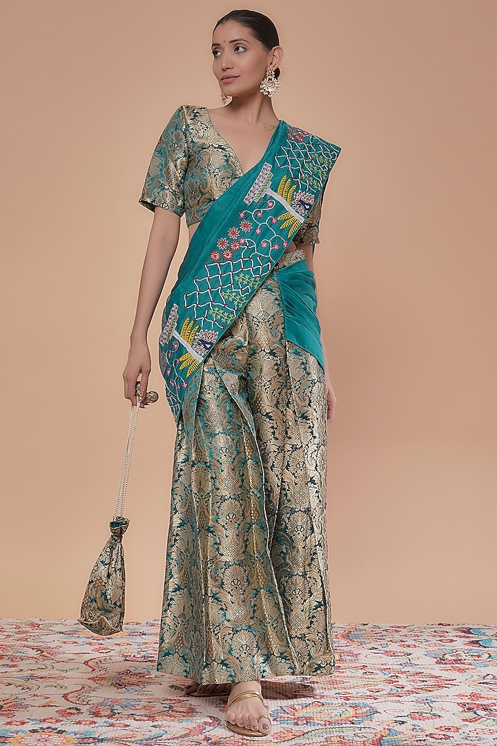 Teal Blue Brocade and Organza Thread Work Bell Bottom Pant Saree Set by NEITRI