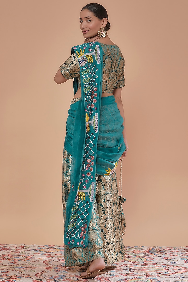Teal Blue Brocade and Organza Thread Work Bell Bottom Pant Wedding Saree Set by NEITRI at Pernia's Pop Up Shop