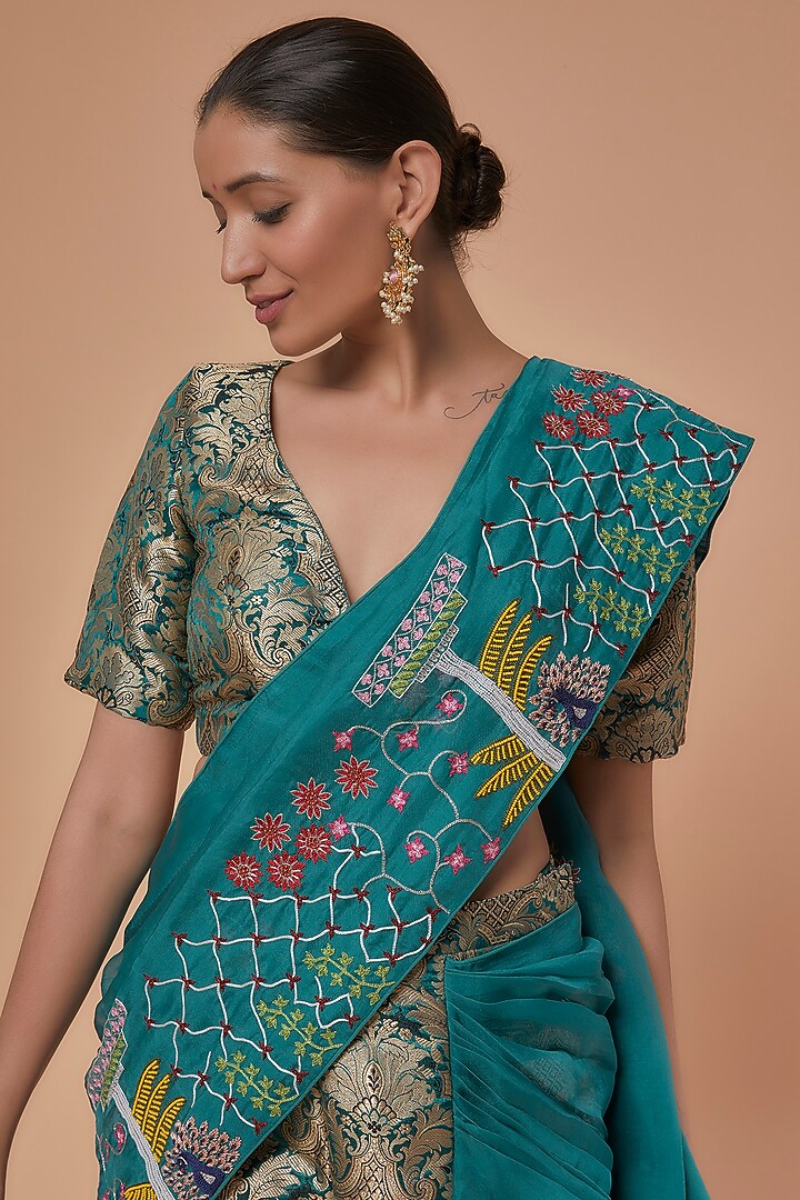 Teal Blue Brocade and Organza Thread Work Bell Bottom Pant Wedding Saree Set by NEITRI at Pernia's Pop Up Shop
