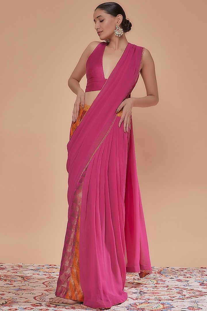 Flamingo Pink Katan Silk & Chiffon Beadwork Sharara Saree Set by NEITRI