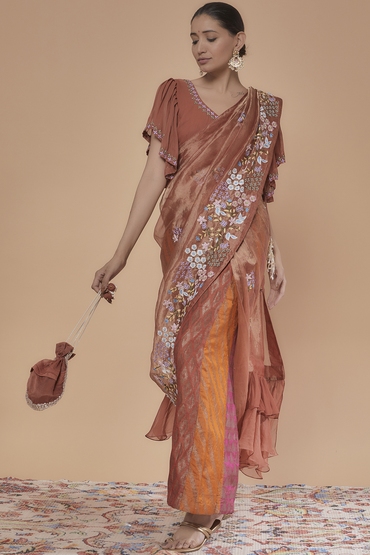 Rust Silk & Tissue Embroidered Sharara Saree Set by NEITRI