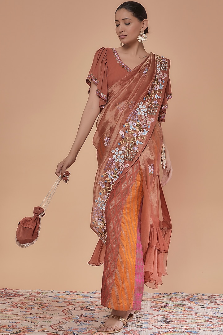 Rust Silk & Tissue Geometric Embroidered Draped Saharara Saree Set by NEITRI