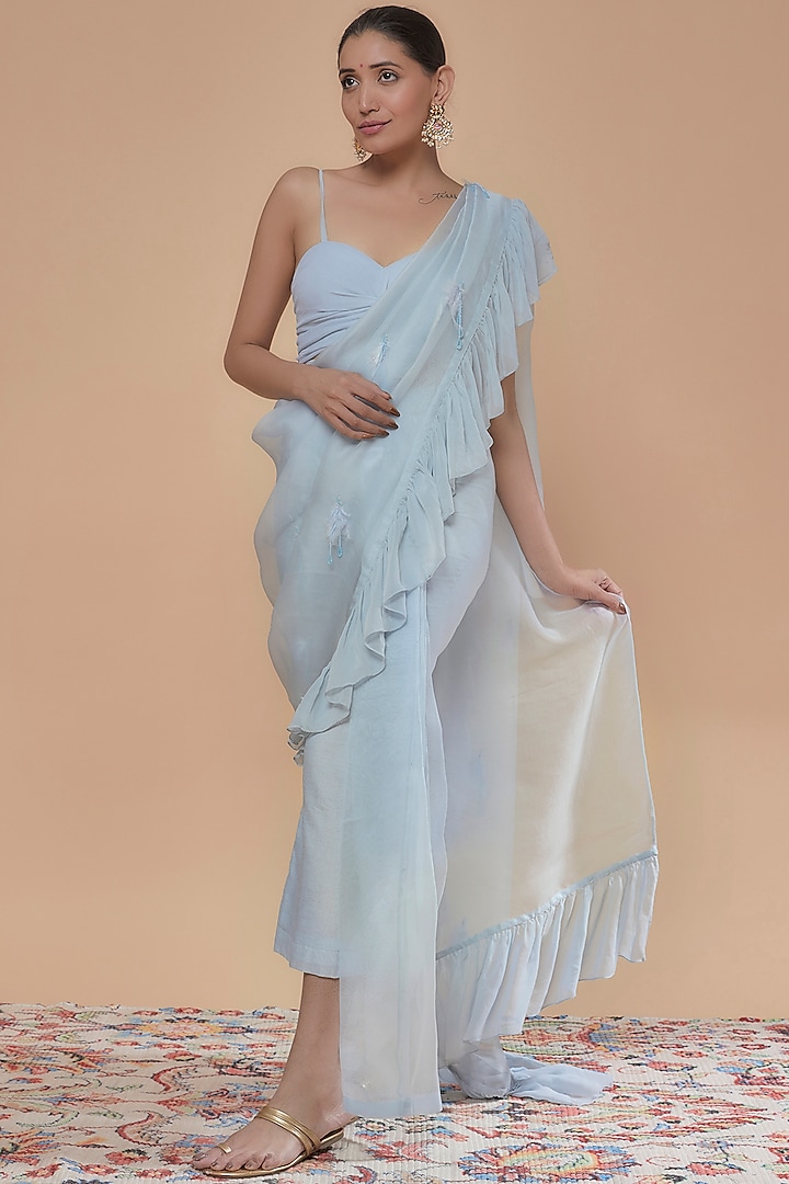 Powder Blue Organza & Chanderi Pant Party Wear Saree Set by NEITRI at Pernia's Pop Up Shop