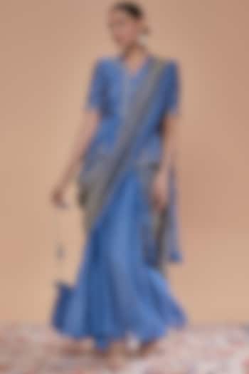 Cerulean Blue Tussar Handwoven Thread Work Draped Sharara Saree Set by NEITRI