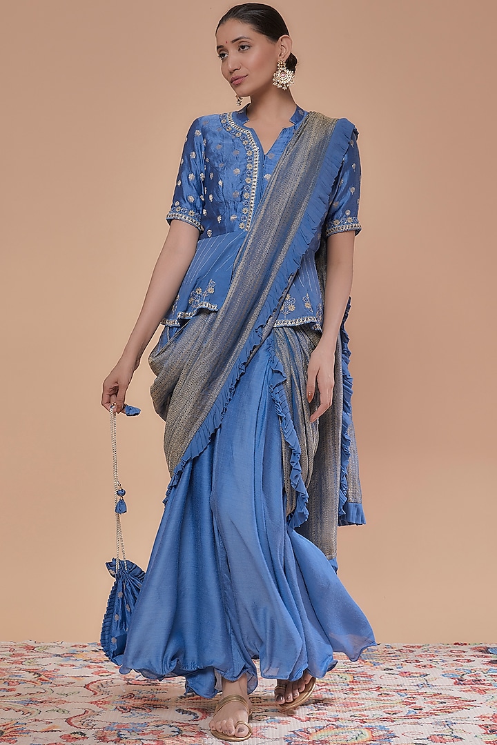 Cerulean Blue Tussar Handwoven Thread Work Draped Sharara Saree Set by NEITRI