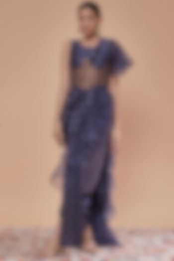 Midnight Blue Chinia Silk & Organza Draped Saree Set by NEITRI