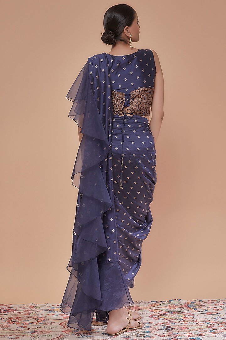 Midnight Blue Chinia Silk & Organza Draped Wedding Saree Set by NEITRI at Pernia's Pop Up Shop