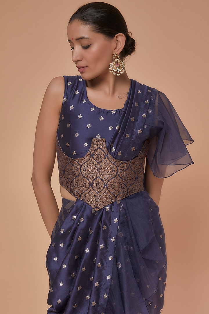 Midnight Blue Chinia Silk & Organza Draped Wedding Saree Set by NEITRI at Pernia's Pop Up Shop