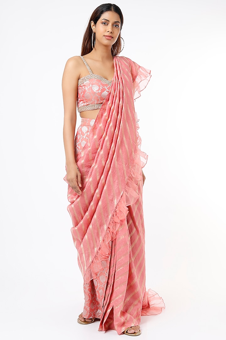 Salmon Peach Embroidered Draped Saree Set by NEITRI