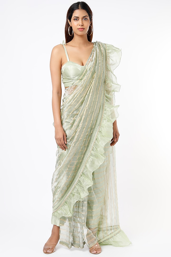 Tea Green Chiniya Silk Pant Saree Set by NEITRI