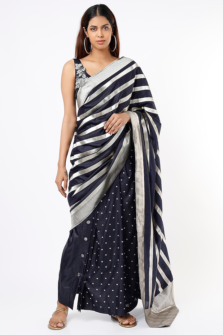 Oxford Blue Embroidered Draped Saree Set by NEITRI