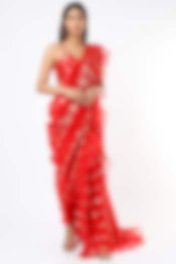 Red Embroidered Pant Saree Set by NEITRI
