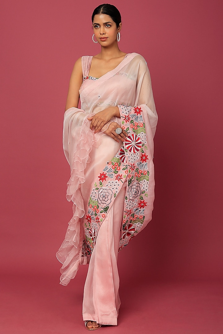 Pink Georgette Embroidered Palazzo Pant Saree Set by NEITRI