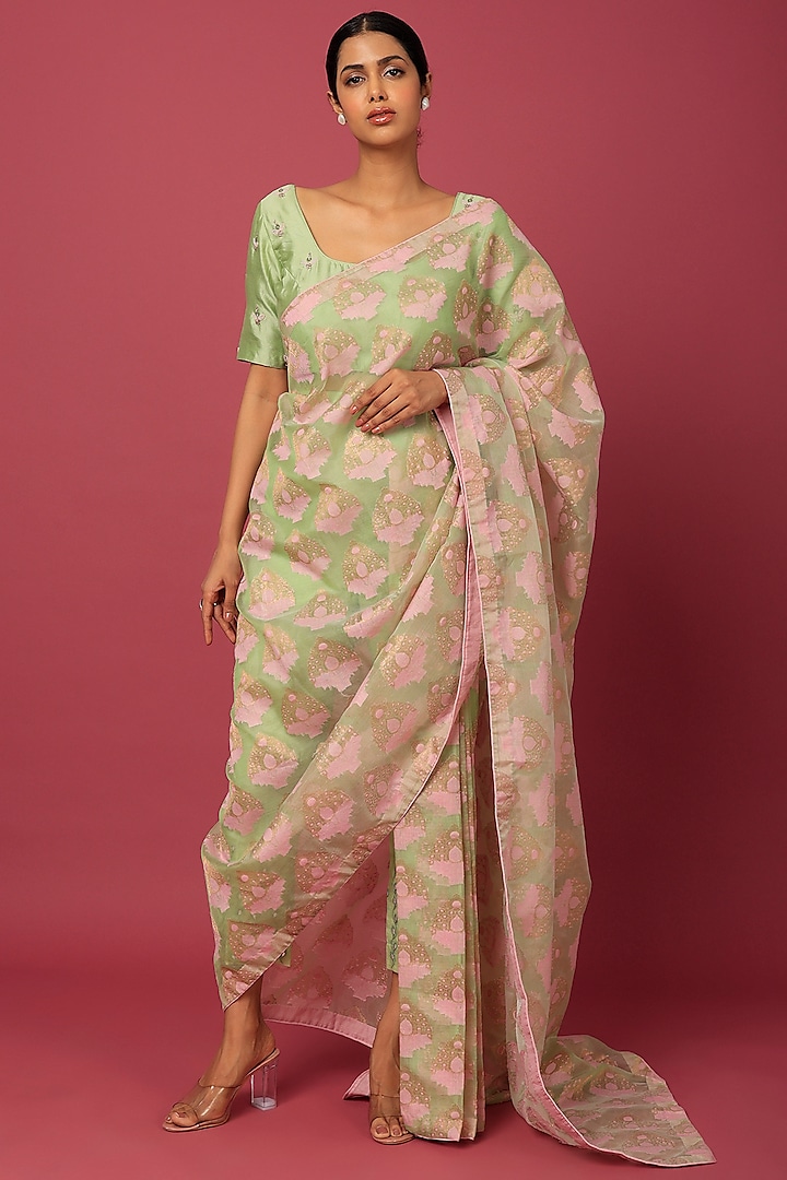Mint Green & Baby Pink Organza Draped Pant Saree Set by NEITRI