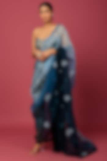 Teal Grey Brocade & Organza Draped Pant Saree Set by NEITRI