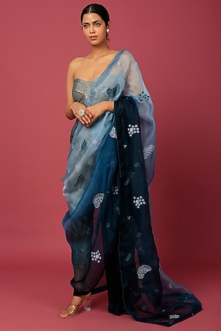 Teal Grey Brocade & Organza Draped Pant Saree Set by NEITRI