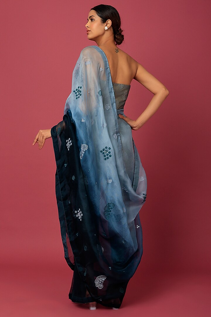 Teal Grey Brocade & Organza Draped Pant Party Wear Saree Set by NEITRI at Pernia's Pop Up Shop