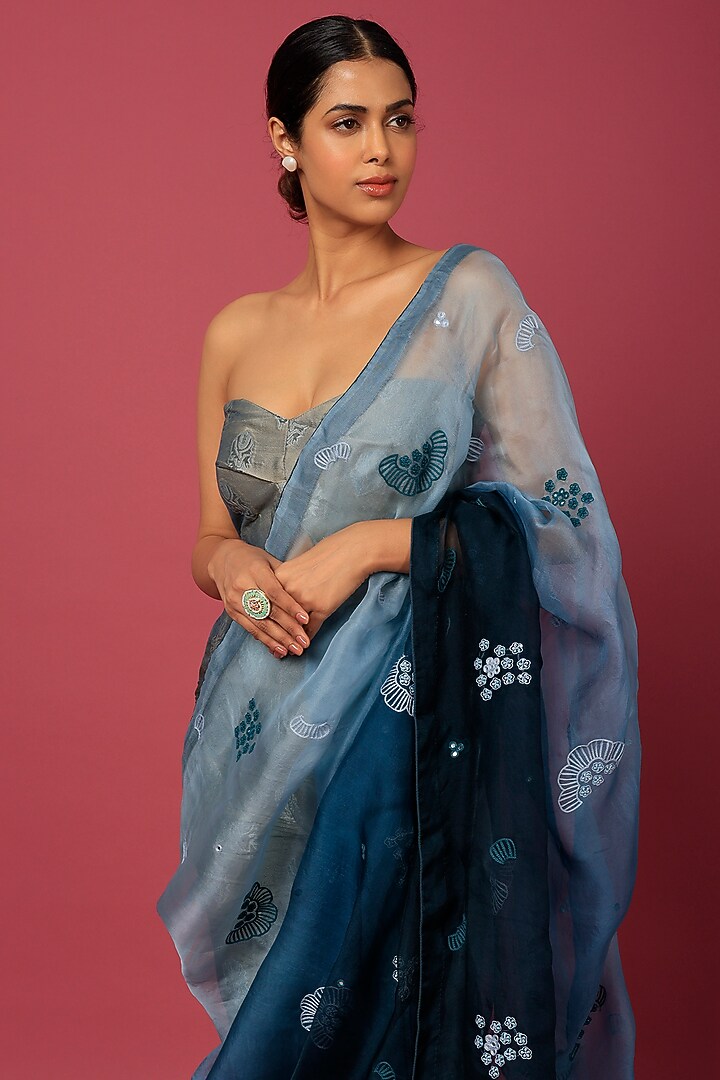 Teal Grey Brocade & Organza Draped Pant Party Wear Saree Set by NEITRI at Pernia's Pop Up Shop