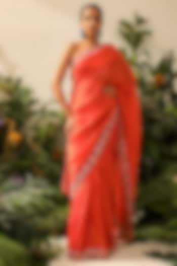 Orange Tissue Organza Zari Checkered Embroidered Wedding Saree Set by NEITRI at Pernia's Pop Up Shop