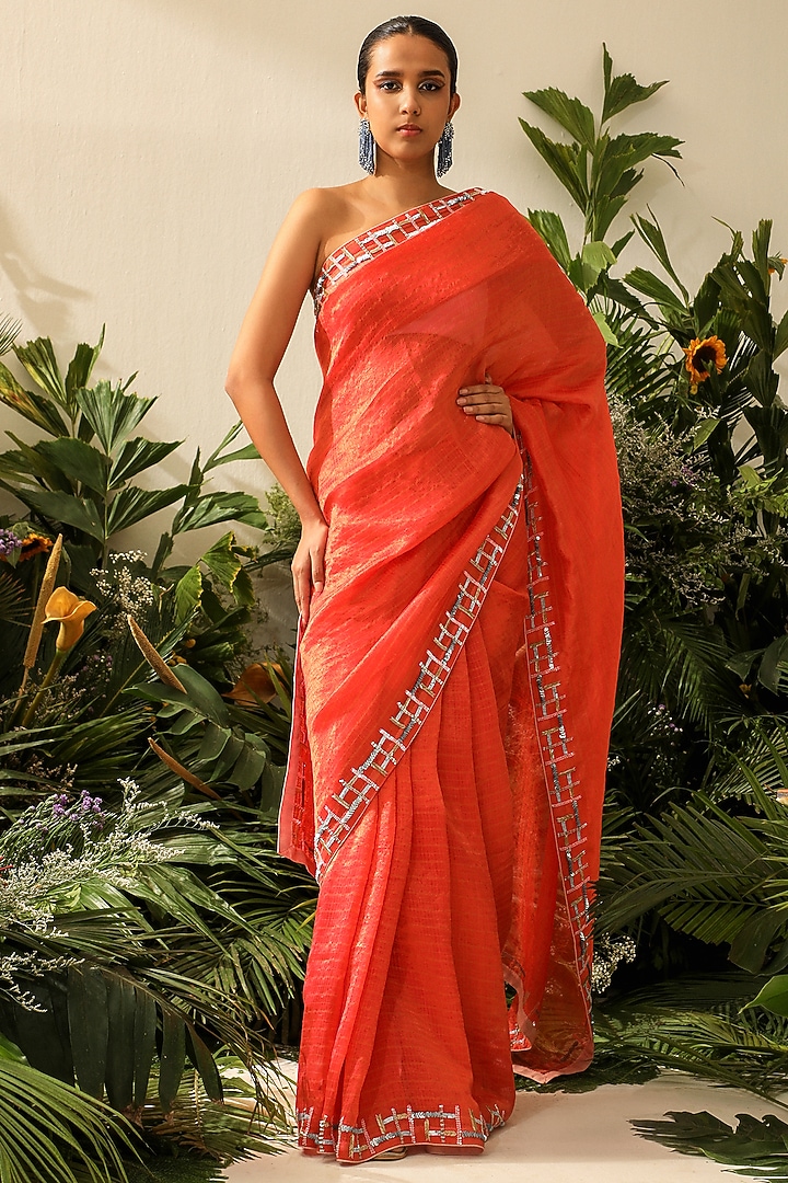 Orange Tissue Organza Zari Checkered Embroidered Wedding Saree Set by NEITRI at Pernia's Pop Up Shop