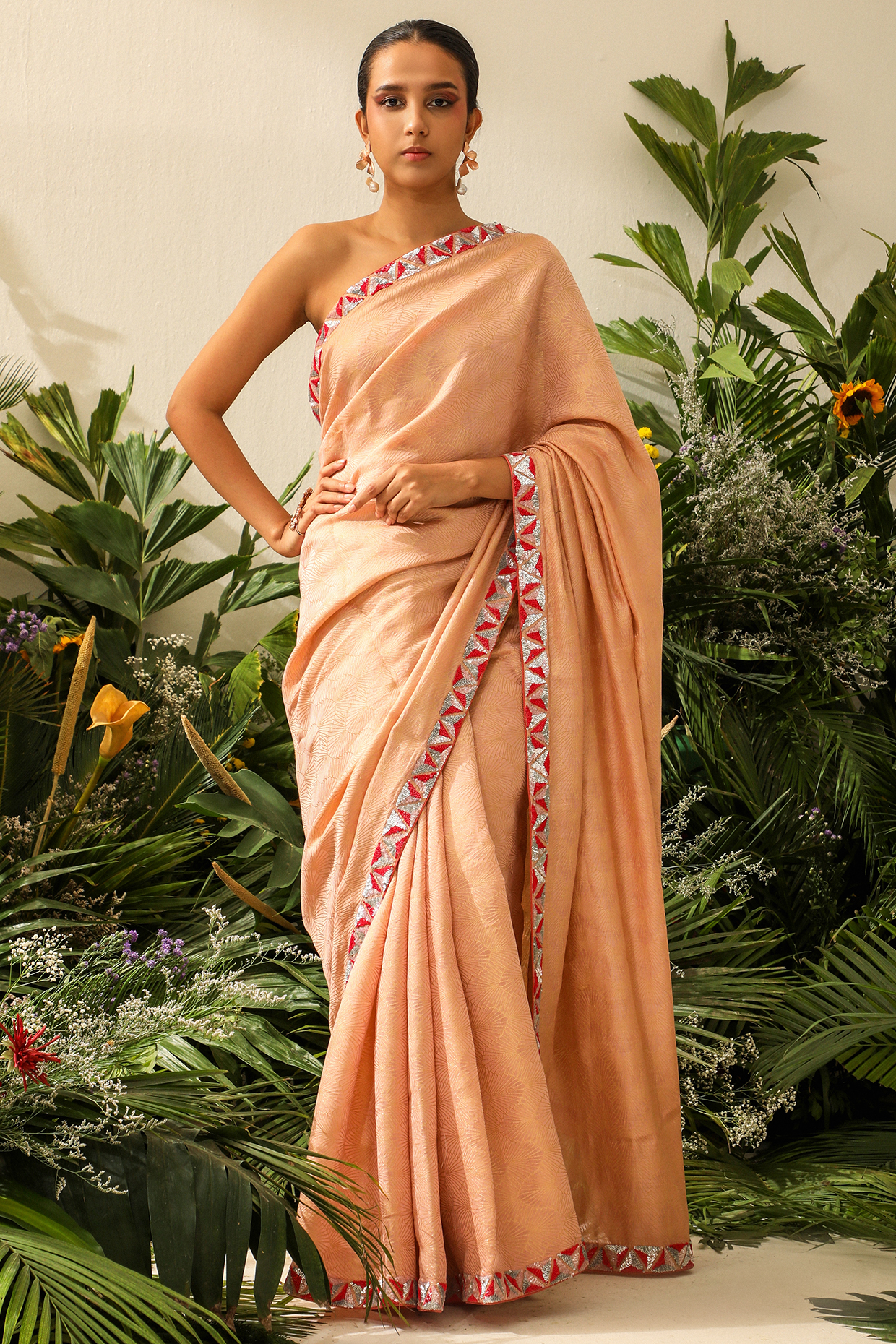 Peach Chiniya Silk Sequins Embroidered Wedding Saree Set by NEITRI at Pernia's Pop Up Shop