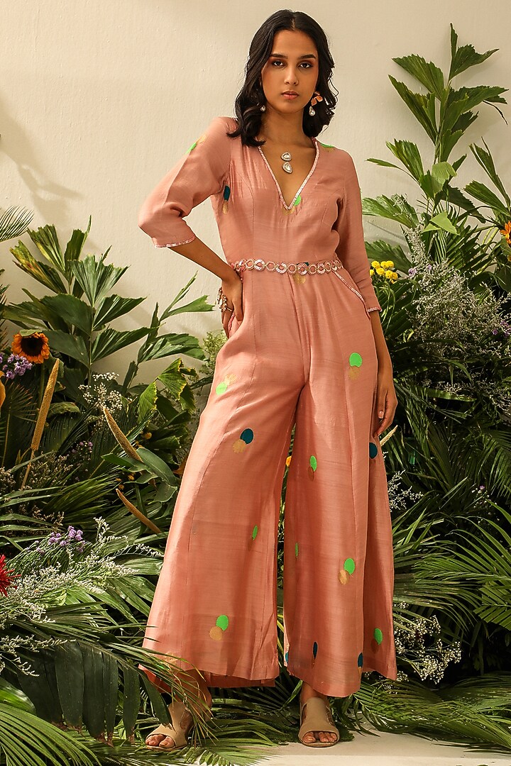 Peach Chiniya Silk Polka Dot Jumpsuit by NEITRI at Pernia's Pop Up Shop