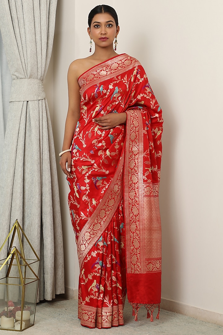 Red Silk Meenakari Saree Set by NEITRI