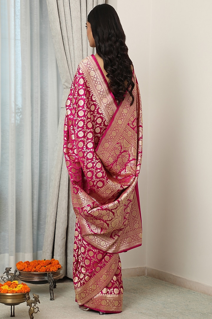 Magenta Katan Silk Handwoven Reception Saree Set by NEITRI at Pernia's Pop Up Shop