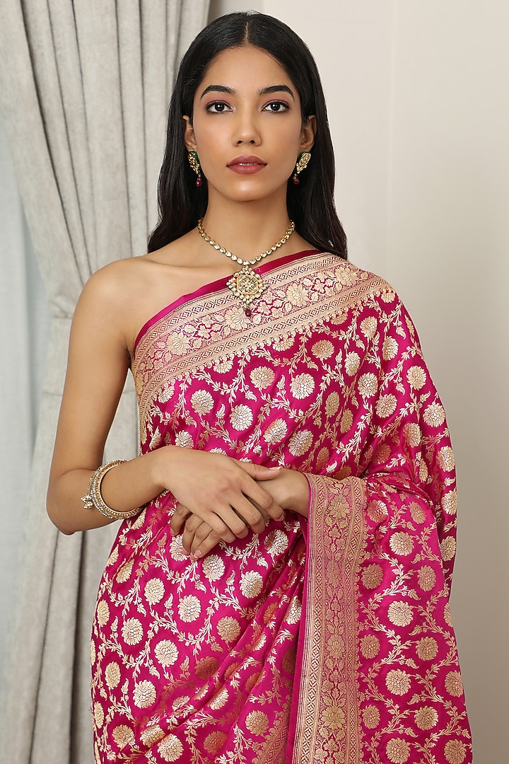 Magenta Katan Silk Handwoven Reception Saree Set by NEITRI at Pernia's Pop Up Shop