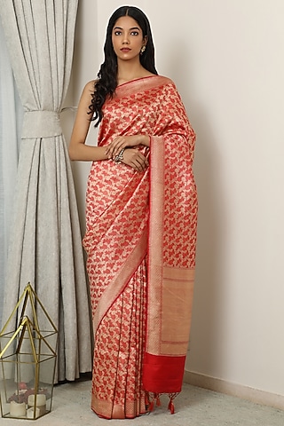 Red Katan Silk Zari Saree Set by NEITRI