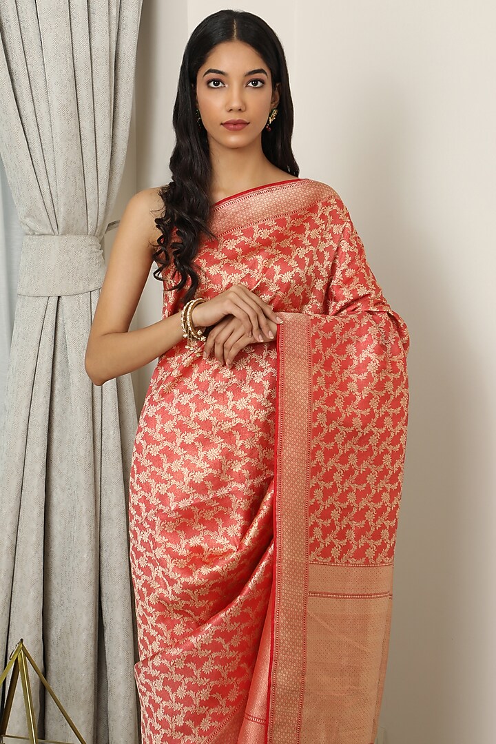 Red Katan Silk Zari Wedding Saree Set by NEITRI at Pernia's Pop Up Shop