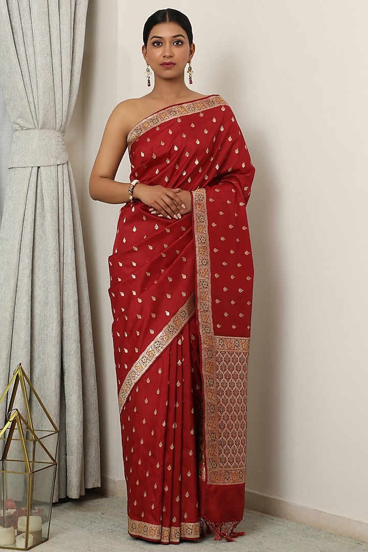 Red Katan Silk Meenakari Zari Work Saree Set by NEITRI at Pernia's Pop Up Shop