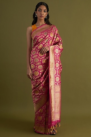 Magenta Katan Silk Meenakari Saree Set by NEITRI