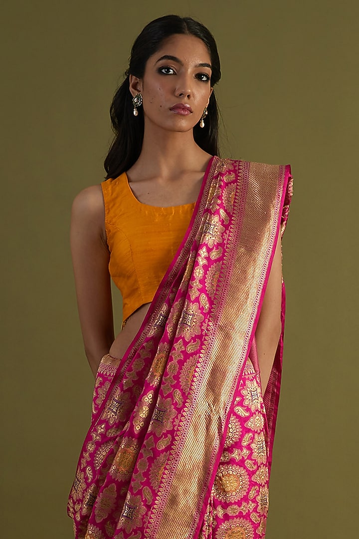 Magenta Katan Silk Meenakari Wedding Saree Set by NEITRI at Pernia's Pop Up Shop