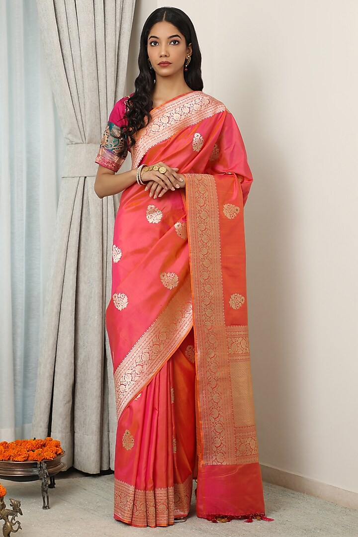 Gajri Pink Katan Silk Floral Zari Motif Saree Set by NEITRI at Pernia's Pop Up Shop