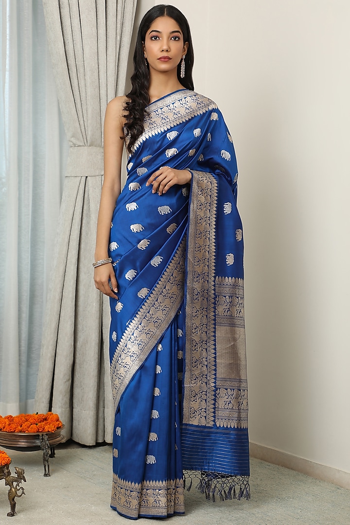 Blue Katan Silk Saree Set by NEITRI