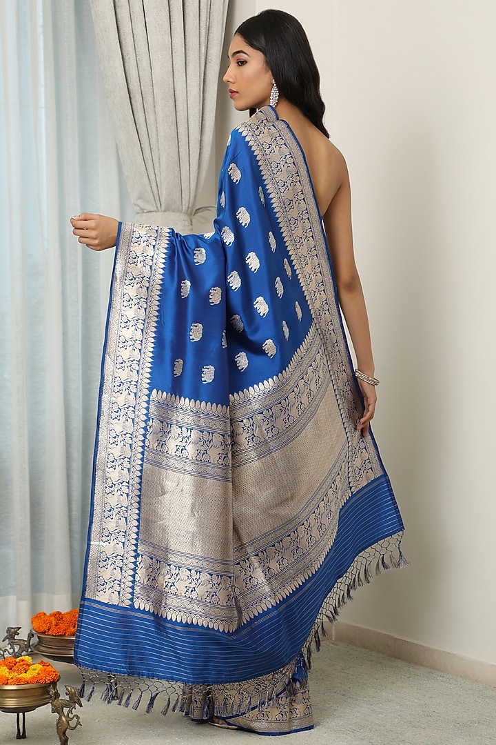 Blue Katan Silk Wedding Saree Set by NEITRI at Pernia's Pop Up Shop