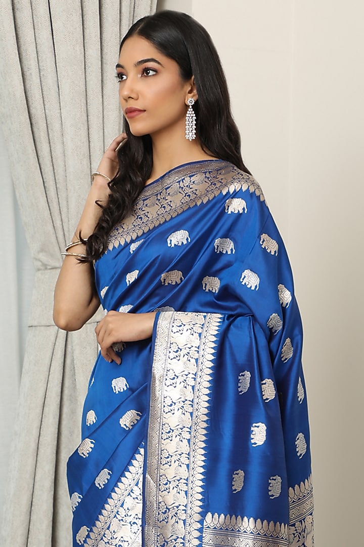 Blue Katan Silk Wedding Saree Set by NEITRI at Pernia's Pop Up Shop