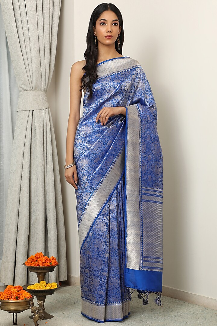 Blue Katan Silk Saree Set by NEITRI