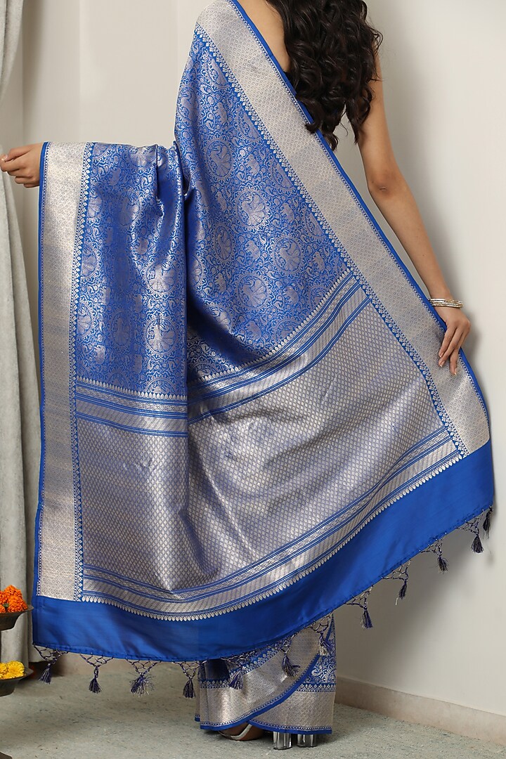 Blue Katan Silk Wedding Saree Set by NEITRI at Pernia's Pop Up Shop