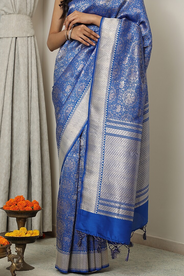 Blue Katan Silk Wedding Saree Set by NEITRI at Pernia's Pop Up Shop