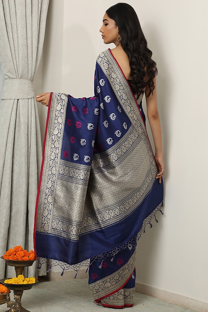 Blue Silk Wedding Saree Set by NEITRI at Pernia's Pop Up Shop