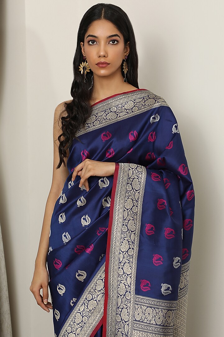 Blue Silk Wedding Saree Set by NEITRI at Pernia's Pop Up Shop