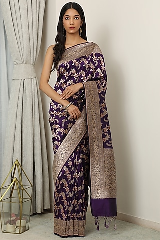 Purple Katan Silk Floral Meenakari Saree Set by NEITRI